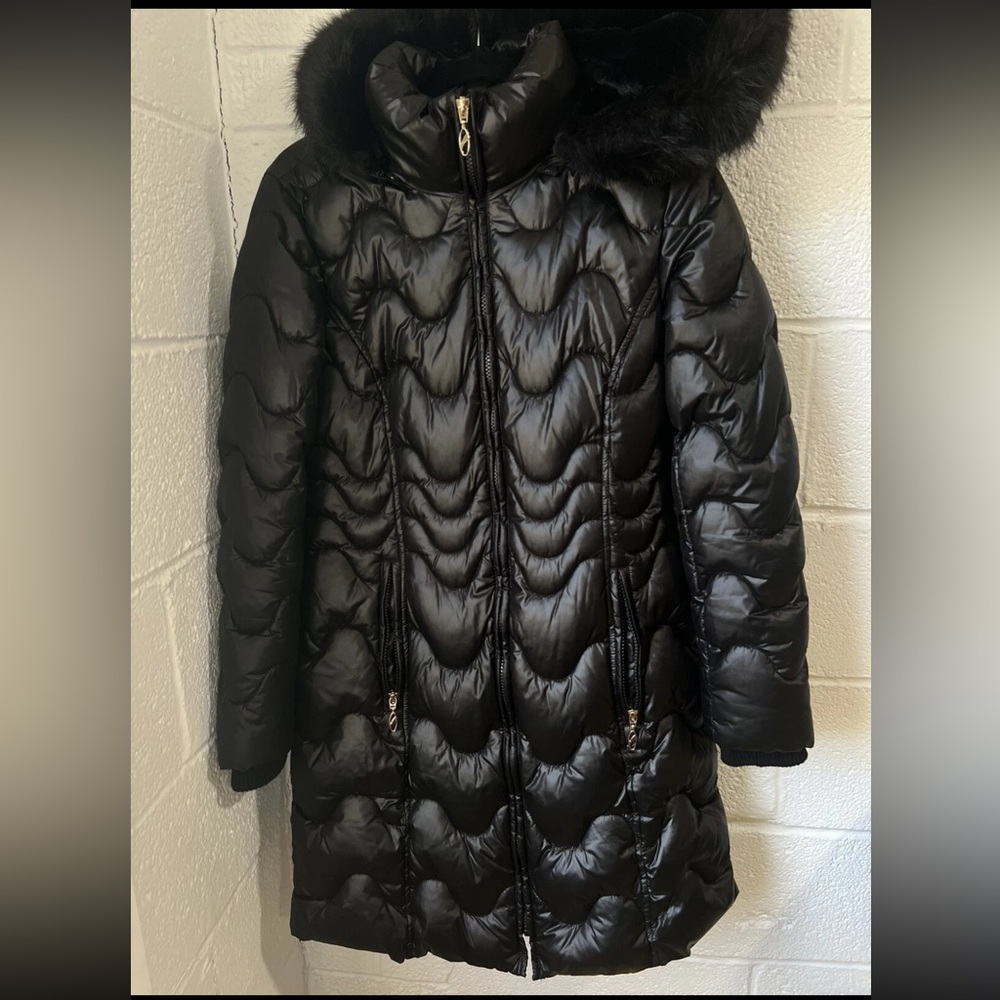 GALLERY NEW YORK Black PUFFY ZIP UP HOODED JACKET SIZE Small Faux Fur Hood